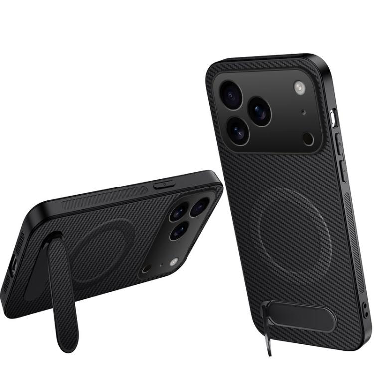 For iPhone 17 Pro WANLONFENG Kickstand Carbon Fiber Texture Magnetic Phone Case(Black)