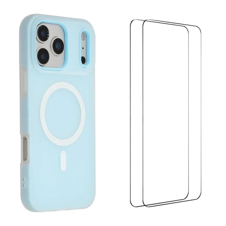 For iPhone 17 Pro WANLONFENG Macarons Matte Magnetic Phone Case with 2pcs Screen Films(Blue)