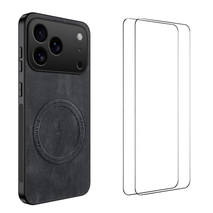 For iPhone 17 Pro WANLONFENG Nappa Texture Magnetic Phone Case with 2pcs Screen Films(Black)