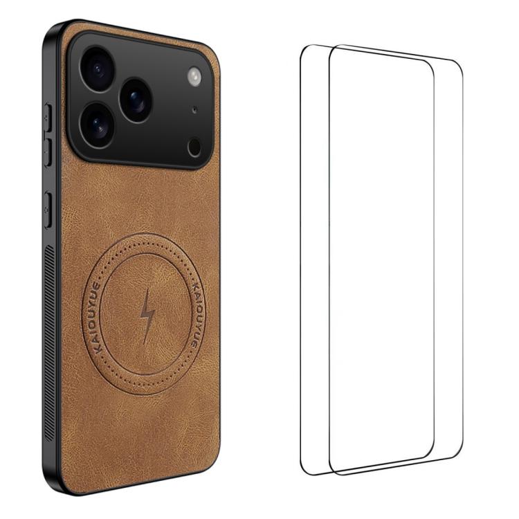 For iPhone 17 Pro WANLONFENG Nappa Texture Magnetic Phone Case with 2pcs Screen Films(Brown)