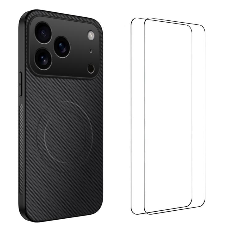 For iPhone 17 Pro WANLONFENG TQ1 Series Magnetic Carbon Fiber Texture Phone Case with 2pcs Screen Films(Black)