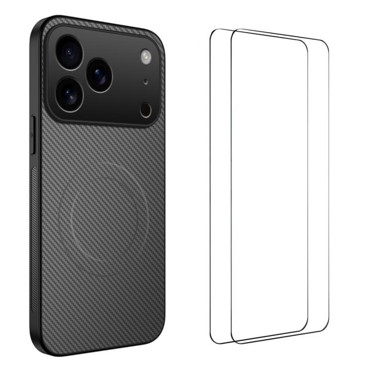For iPhone 17 Pro WANLONFENG TQ1 Series Magnetic Carbon Fiber Texture Phone Case with 2pcs Screen Films(Grey)