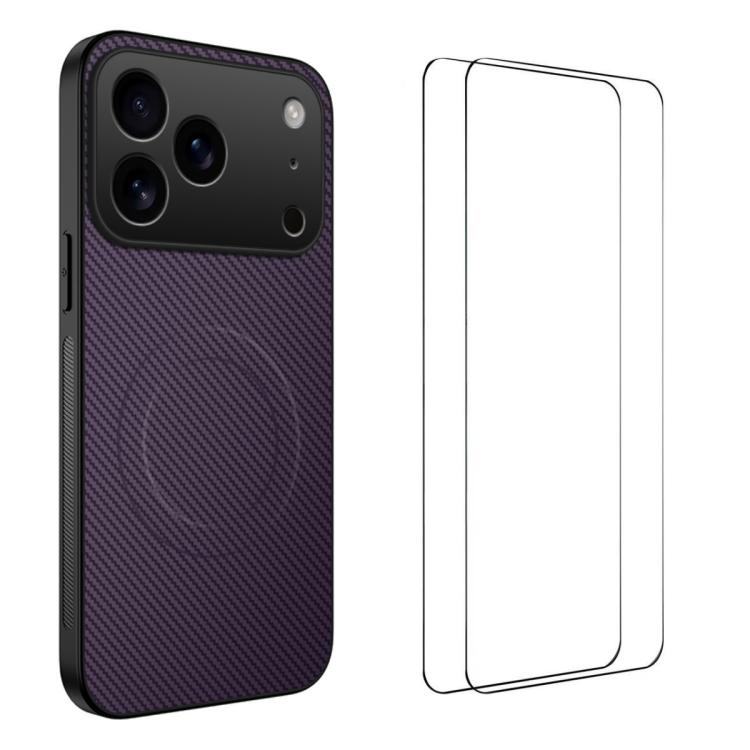 For iPhone 17 Pro WANLONFENG TQ1 Series Magnetic Carbon Fiber Texture Phone Case with 2pcs Screen Films(Purple)