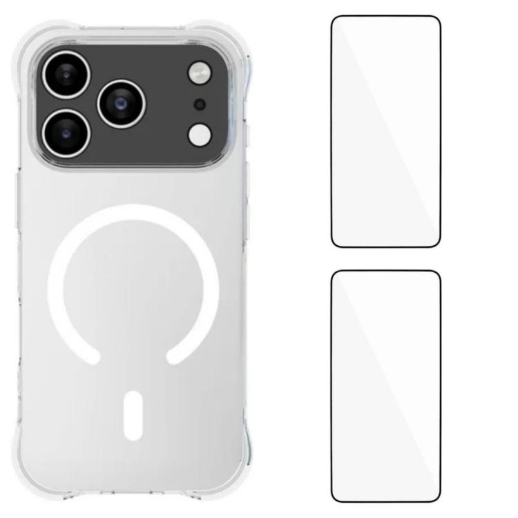 For iPhone 17 Pro WANLONFENG Transparent Magnetic Four-Corner Shockproof TPU Phone Case with 2pcs Screen Films(Transparent)