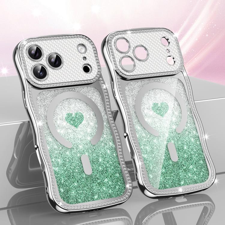 For iPhone 17 Pro Wavy Frame Star Diamond Electroplate TPU Glitter Heart Magnetic Phone Case(Gradient Green)