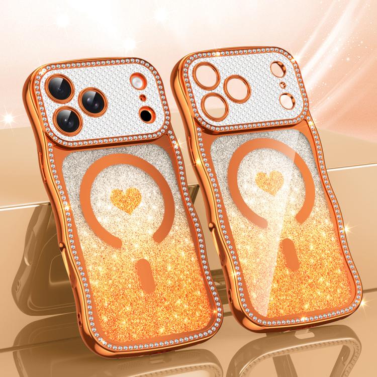 For iPhone 17 Pro Wavy Frame Star Diamond Electroplate TPU Glitter Heart Magnetic Phone Case(Gradient Orange)