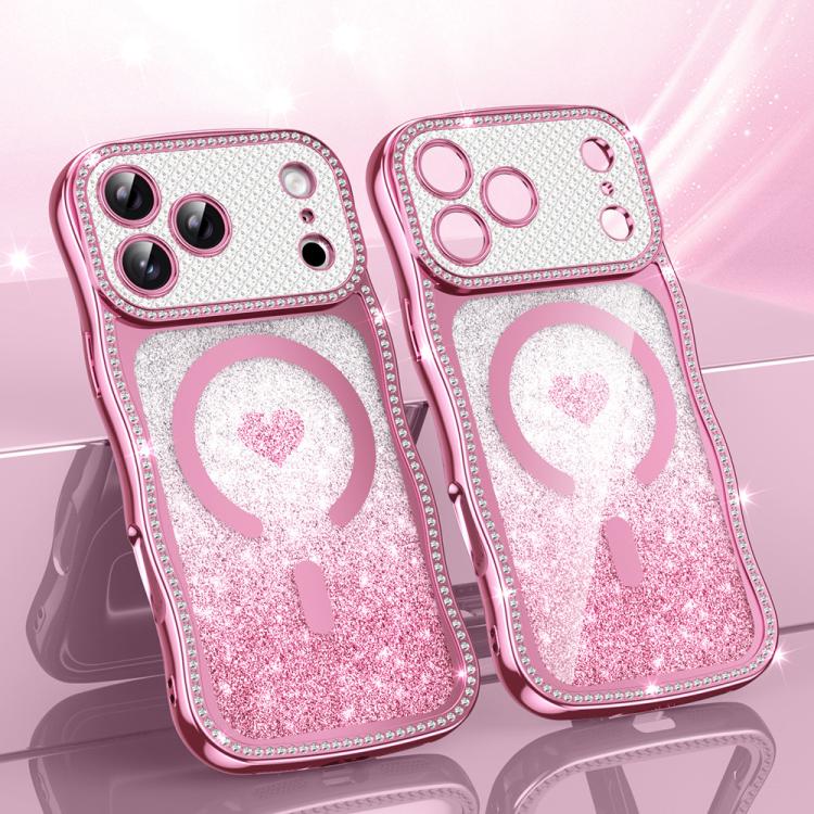 For iPhone 17 Pro Wavy Frame Star Diamond Electroplate TPU Glitter Heart Magnetic Phone Case(Gradient Pink)