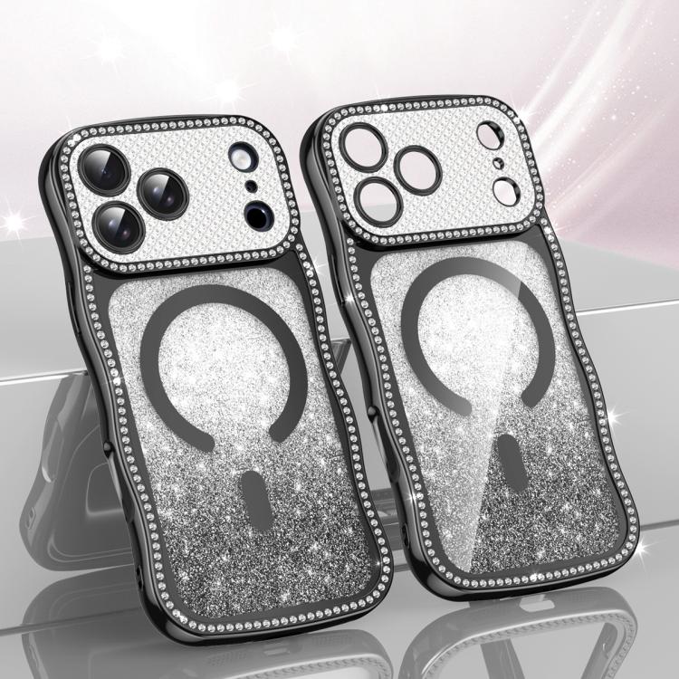 For iPhone 17 Pro Wavy Frame Star Diamond Electroplate TPU Glitter Magnetic Phone Case(Gradient Black)
