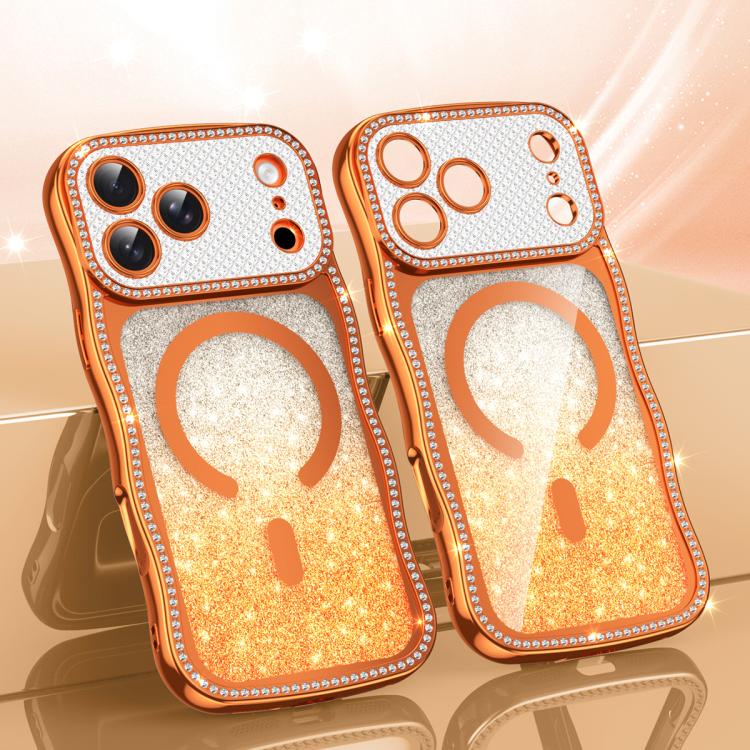 For iPhone 17 Pro Wavy Frame Star Diamond Electroplate TPU Glitter Magnetic Phone Case(Gradient Orange)