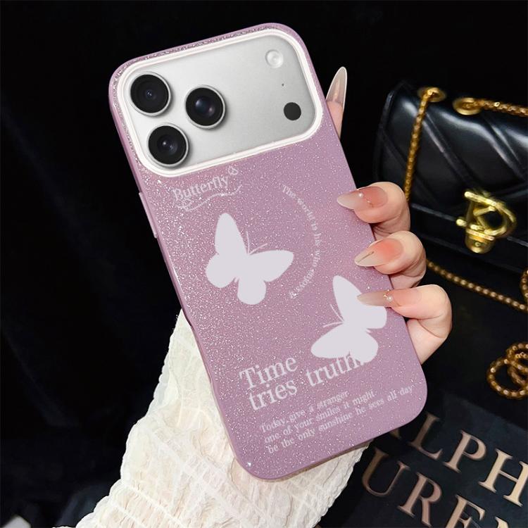 For iPhone 17 Pro White Butterflies Pattern IMD Glitter PC Hybrid TPU Phone Case(Purple)