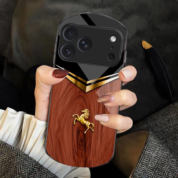 For iPhone 17 Pro Wood Texture Golden Horse Pattern TPU + PC + Tempered Glass Phone Case(Orange)