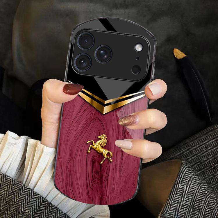 For iPhone 17 Pro Wood Texture Golden Horse Pattern TPU + PC + Tempered Glass Phone Case(Red)