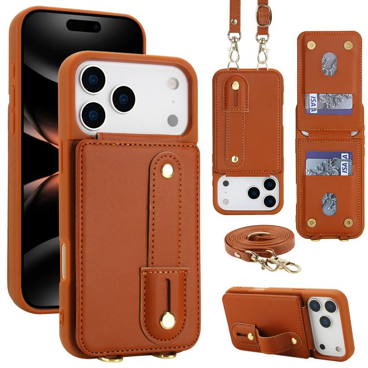 For iPhone 17 Pro Wristband Vertical Flip Wallet Back Cover Phone Case with Long Lanyard(Brown)