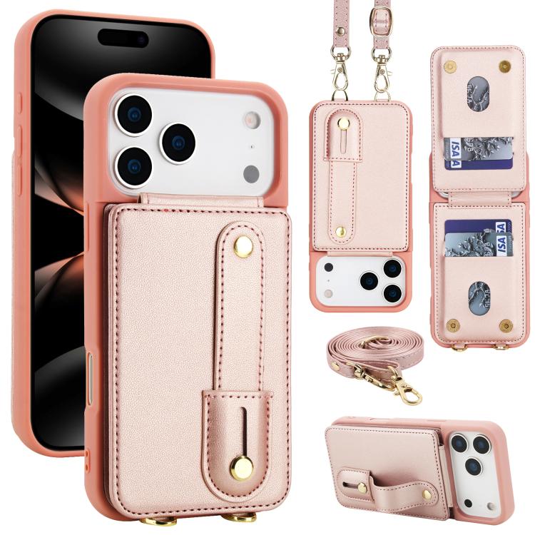 For iPhone 17 Pro Wristband Vertical Flip Wallet Back Cover Phone Case with Long Lanyard(Rose Gold)