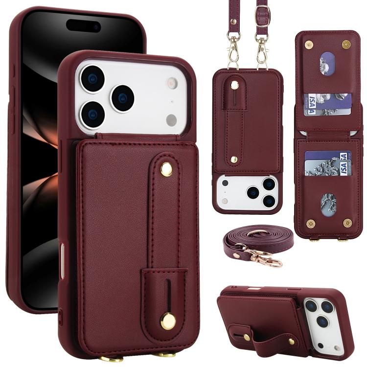 For iPhone 17 Pro Wristband Vertical Flip Wallet Back Cover Phone Case with Long Lanyard(Wine Red)