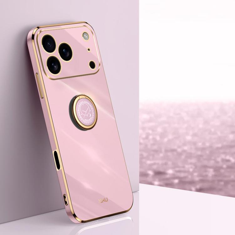 For iPhone 17 Pro XINLI Straight Edge 6D Electroplate TPU Phone Case with Ring Holder(Cherry Purple)