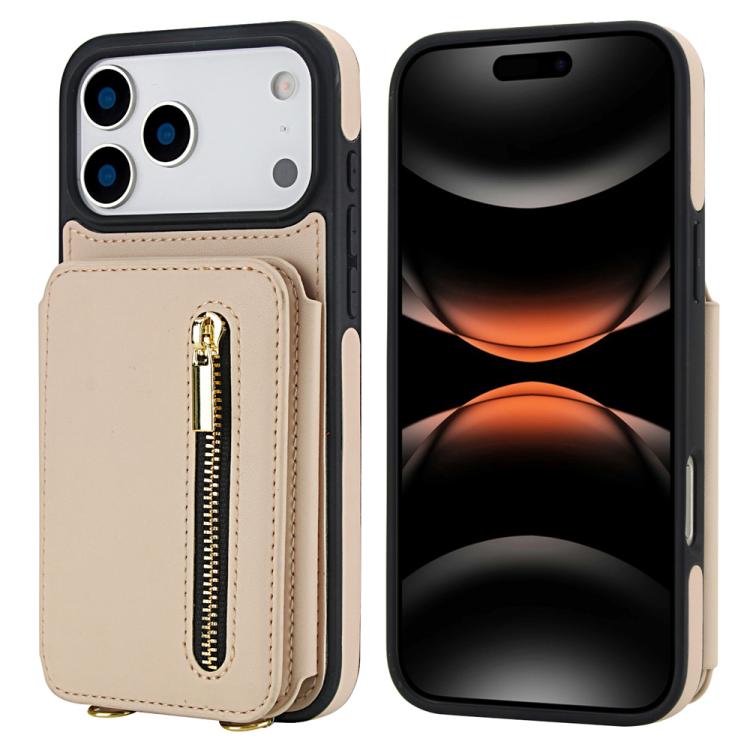For iPhone 17 Pro YM006 Skin Feel Zipper Card Bag Phone Case with Dual Lanyard(Apricot)