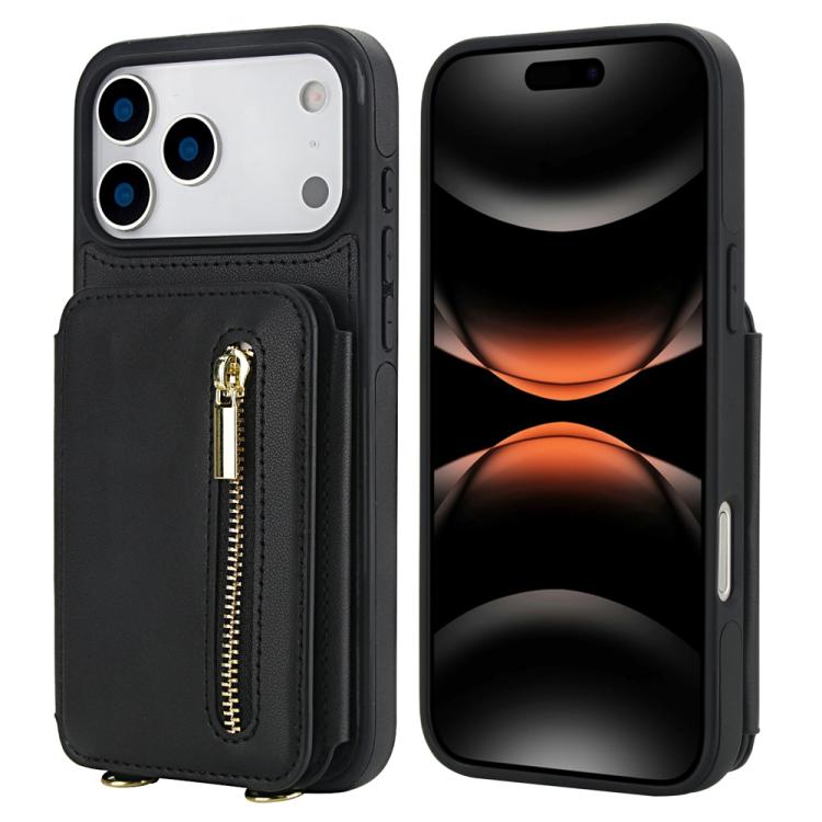 For iPhone 17 Pro YM006 Skin Feel Zipper Card Bag Phone Case with Dual Lanyard(Black)