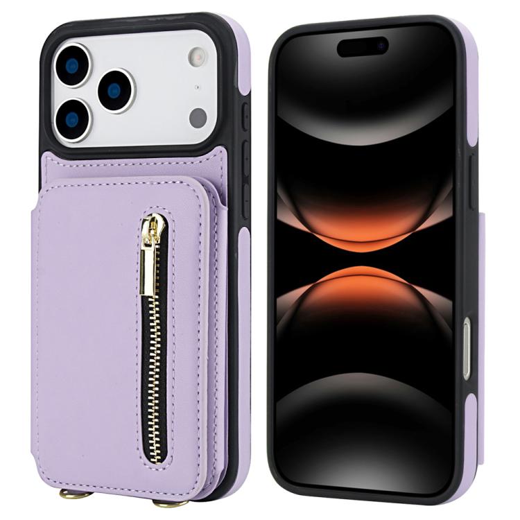 For iPhone 17 Pro YM006 Skin Feel Zipper Card Bag Phone Case with Dual Lanyard(Light Purple)