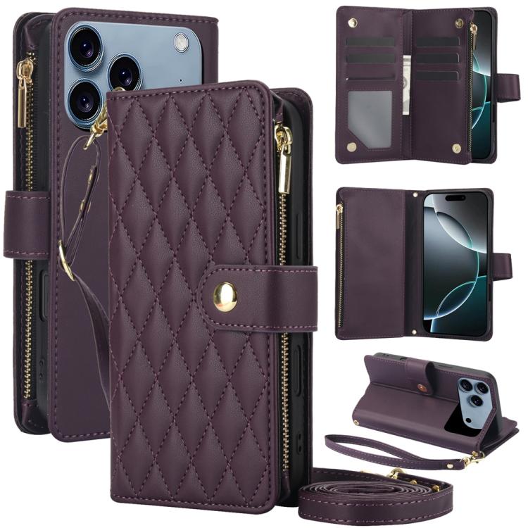 For iPhone 17 Pro YM016 Rhombic Zipper Card Wallet Leather Phone Case with Lanyard(Dark Purple)
