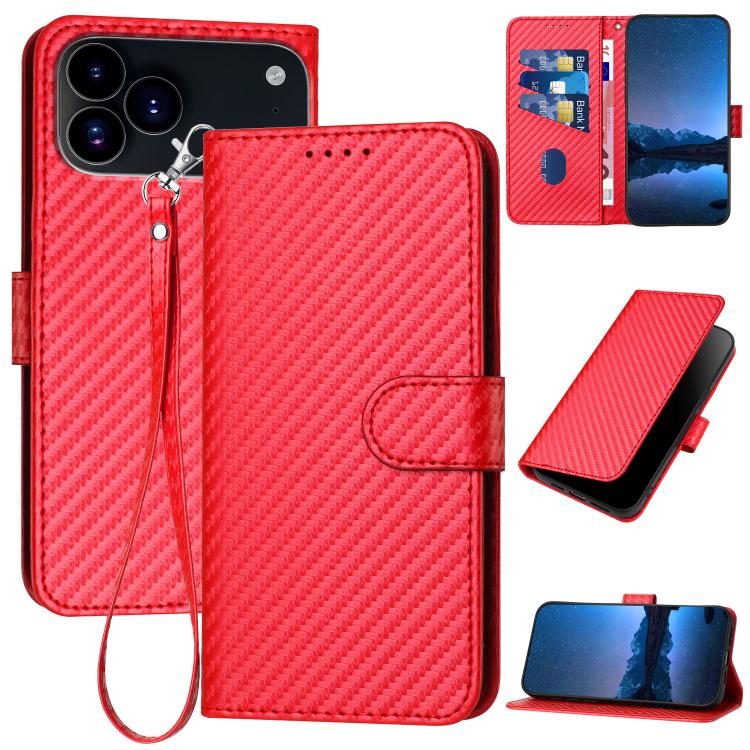 For iPhone 17 Pro YX0070 Carbon Fiber Buckle Leather Phone Case with Lanyard(Red)