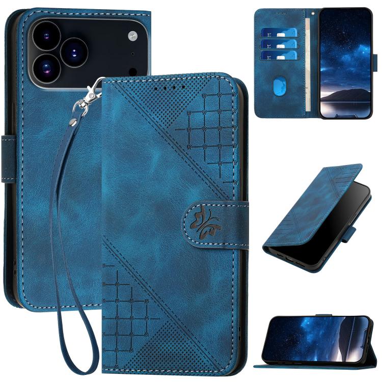 For iPhone 17 Pro YX0080 Grid Butterfly Embossed Pattern Flip Leather Phone Case with Lanyard(Dark Blue)