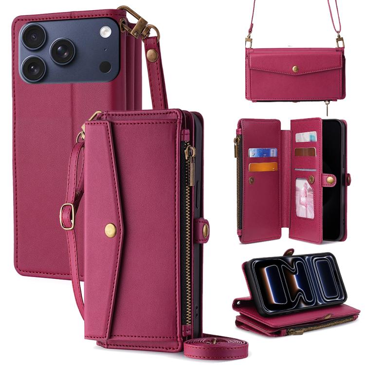 For iPhone 17 Pro Zipper Wallet Side Buckle Crossbody Lanyard Leather Phone Case(Red)