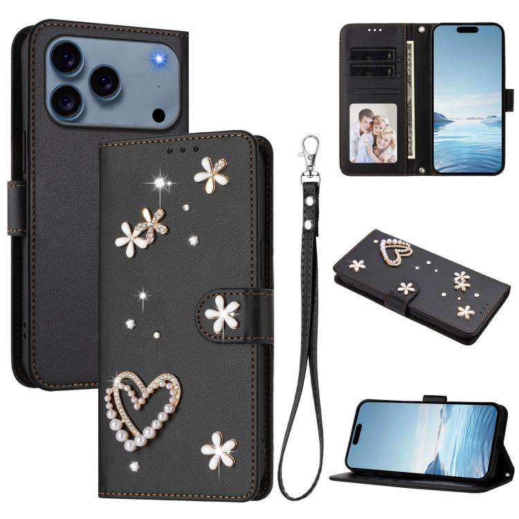 For iPhone 17 Pro ZS01 Double-Layer Heart Floral Vegan Leather Phone Case with Wrist Strap(Black)