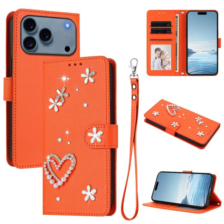 For iPhone 17 Pro ZS01 Double-Layer Heart Floral Vegan Leather Phone Case with Wrist Strap(Orange)
