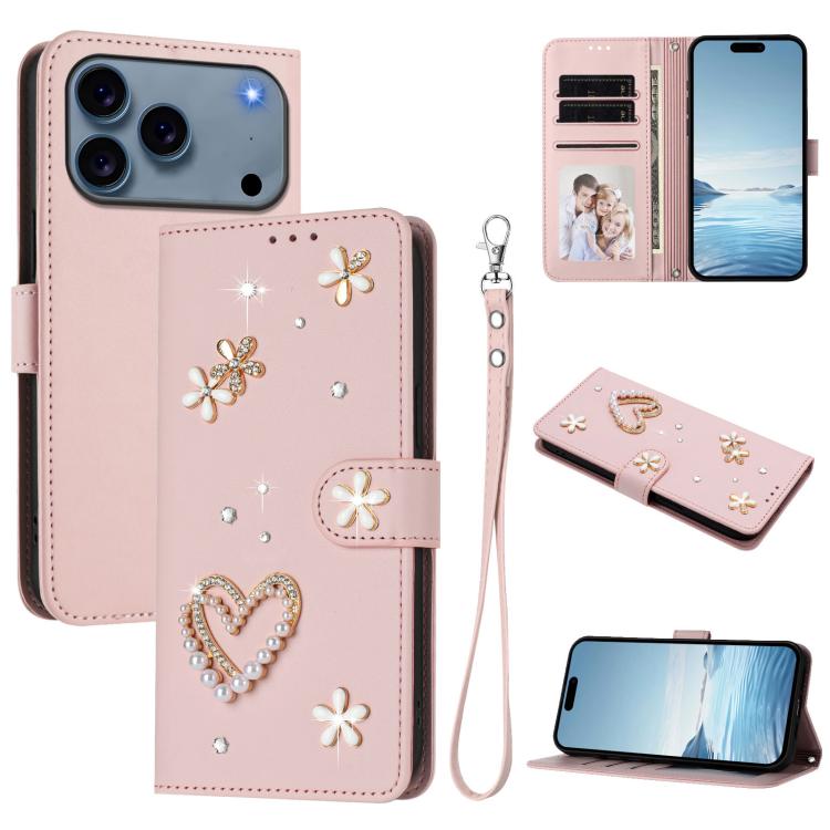 For iPhone 17 Pro ZS01 Double-Layer Heart Floral Vegan Leather Phone Case with Wrist Strap(Pink)