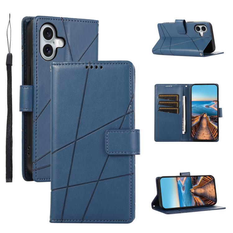 For iPhone 17 PU Genuine Leather Texture Embossed Line Phone Case(Blue)