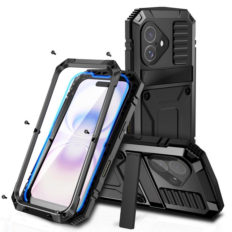 For iPhone 17 R-JUST Metal + Silicone + Tempered Glass Life Waterproof Phone Case with Holder(Black)