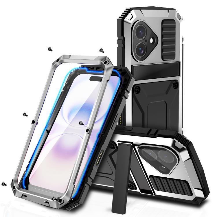 For iPhone 17 R-JUST Metal + Silicone + Tempered Glass Life Waterproof Phone Case with Holder(Silver)