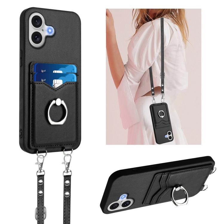 For iPhone 17 R20 Crossbody Rope Ring Card Holder Phone Case(Black)