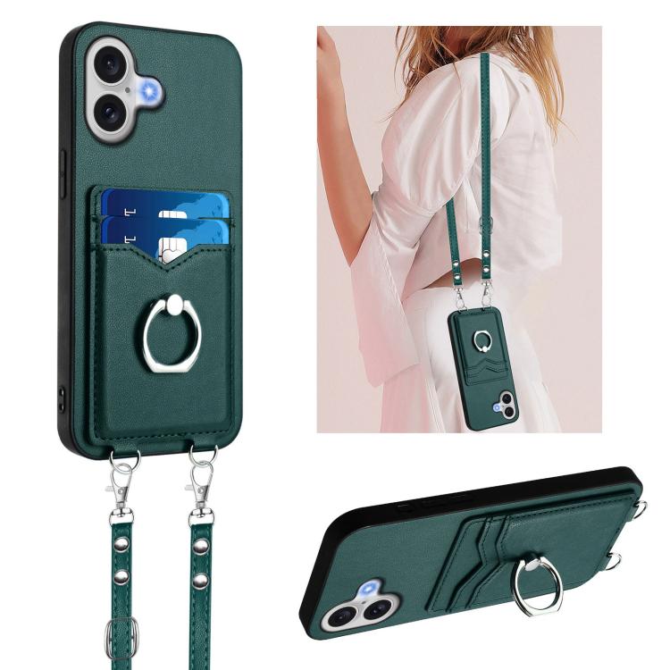 For iPhone 17 R20 Crossbody Rope Ring Card Holder Phone Case(Green)