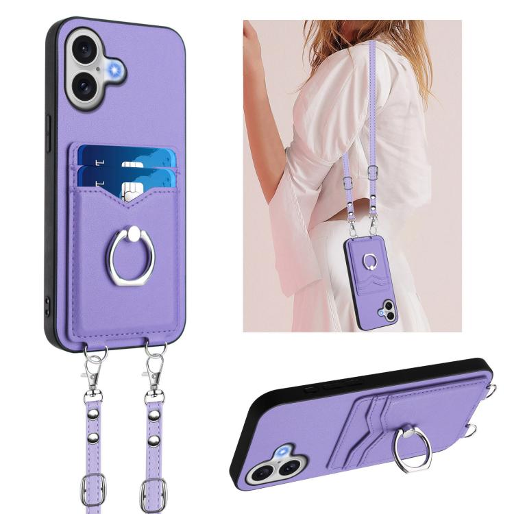 For iPhone 17 R20 Crossbody Rope Ring Card Holder Phone Case(Purple)
