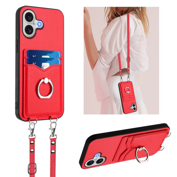 For iPhone 17 R20 Crossbody Rope Ring Card Holder Phone Case(Red)