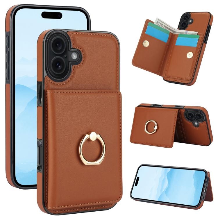 For iPhone 17 RFID Anti-theft Card Ring Holder Phone Case(Brown)
