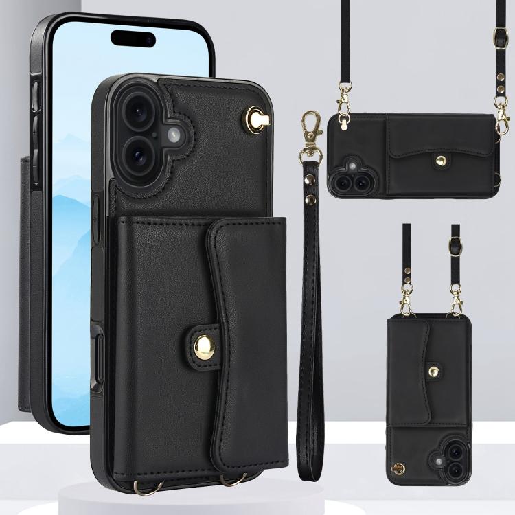 For iPhone 17 RFID Card Slot Phone Case with Long Lanyard(Black)