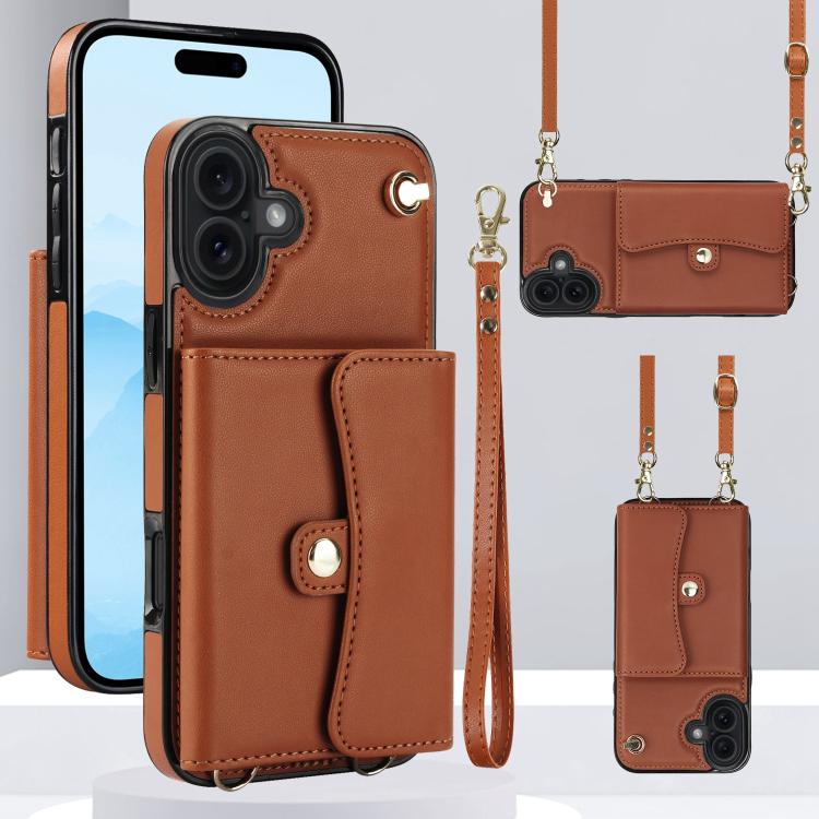 For iPhone 17 RFID Card Slot Phone Case with Long Lanyard(Brown)