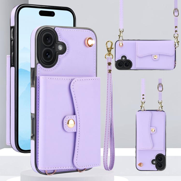 For iPhone 17 RFID Card Slot Phone Case with Long Lanyard(Purple)