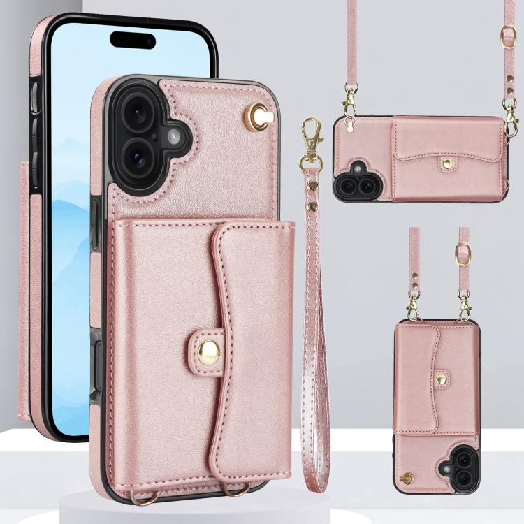 For iPhone 17 RFID Card Slot Phone Case with Long Lanyard(Rose Gold)