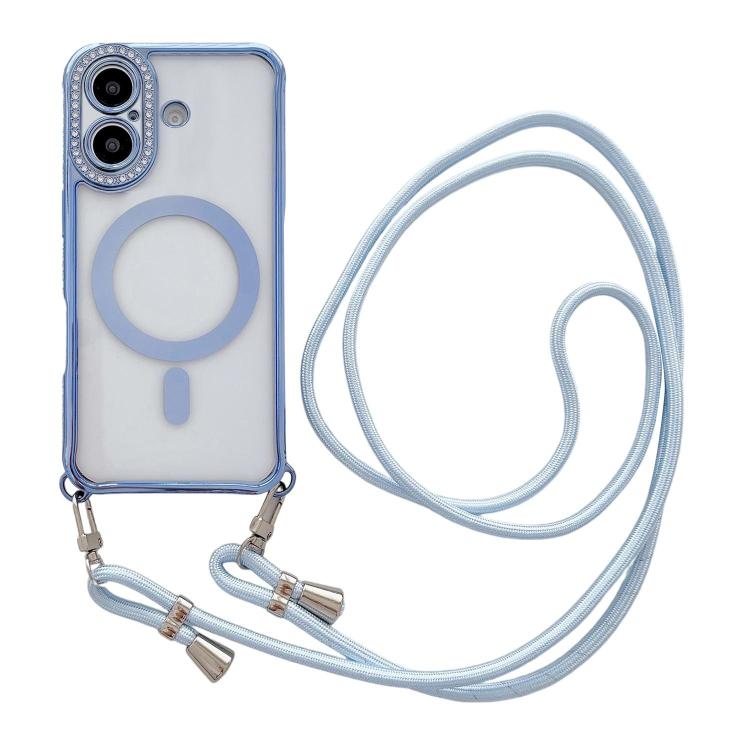 For iPhone 17 Rhinestone Clear Acrylic Electroplated Magnetic Phone Case with Neck Lanyard(Blue)