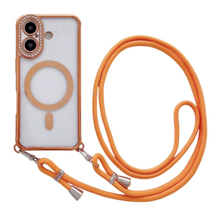For iPhone 17 Rhinestone Clear Acrylic Electroplated Magnetic Phone Case with Neck Lanyard(Orange)