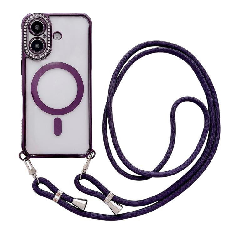 For iPhone 17 Rhinestone Clear Acrylic Electroplated Magnetic Phone Case with Neck Lanyard(Purple)