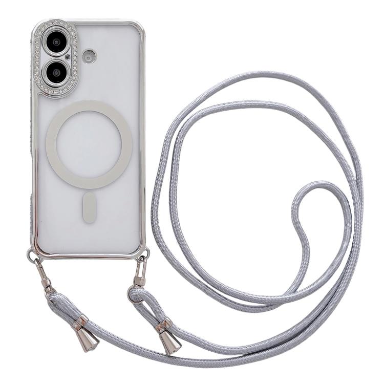 For iPhone 17 Rhinestone Clear Acrylic Electroplated Magnetic Phone Case with Neck Lanyard(Silver)