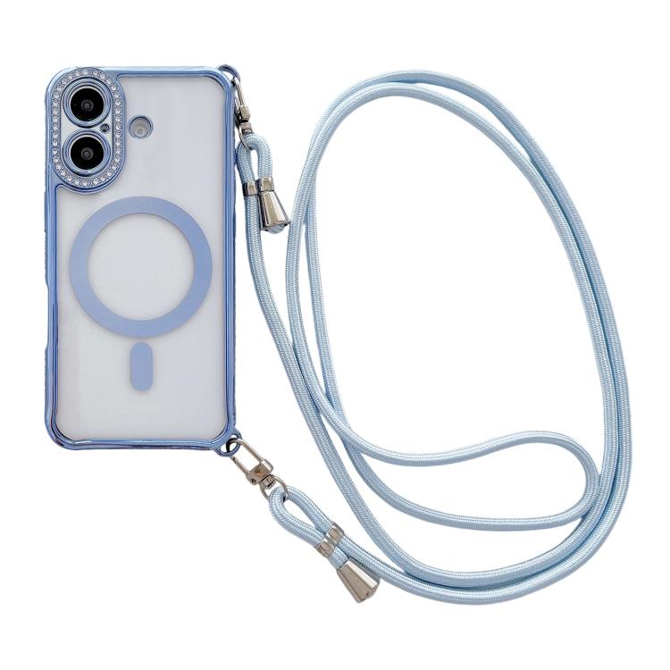 For iPhone 17 Rhinestone Clear Acrylic Electroplated Magnetic Phone Case with Right-Side Crossbody Lanyard(Blue)