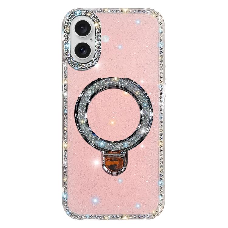 For iPhone 17 Rhinestone Glitter Kickstand Dual-side IMD Phone Case(Glitter Light Pink)