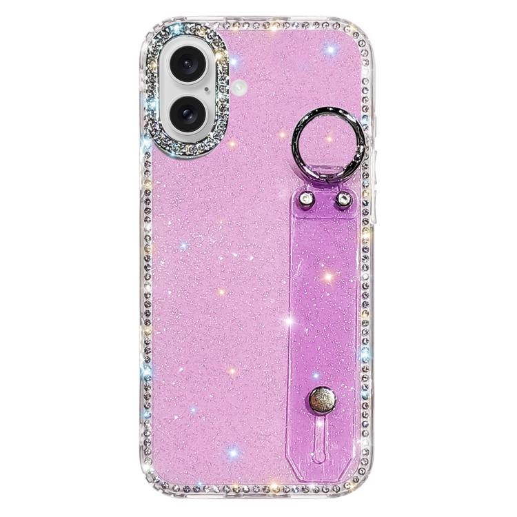 For iPhone 17 Rhinestone Glitter Wristband Holder Phone Case(Glitter Light Purple)
