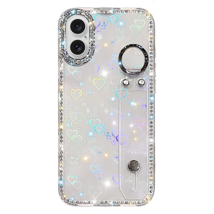 For iPhone 17 Rhinestone Glitter Wristband Holder Phone Case(Heart Transparent)